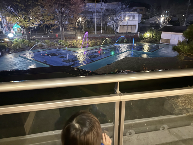 夜にはホテル前の噴水がライトアップされていました