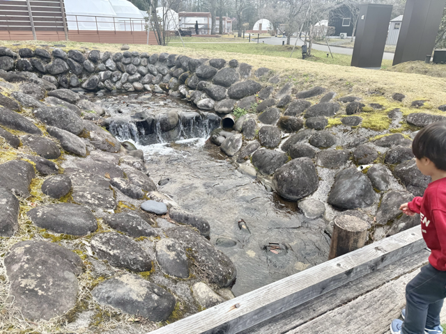 管理棟やドーム型テントの近くには小川が流れています