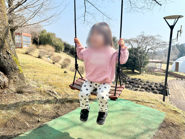 2日目の朝もお気に入りのブランコに乗る2歳児